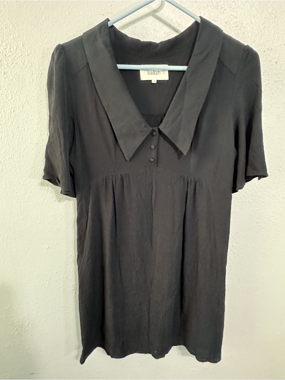 ba&sh Peyton Black Short-Sleeve mini dress with Pointed Collar size 2